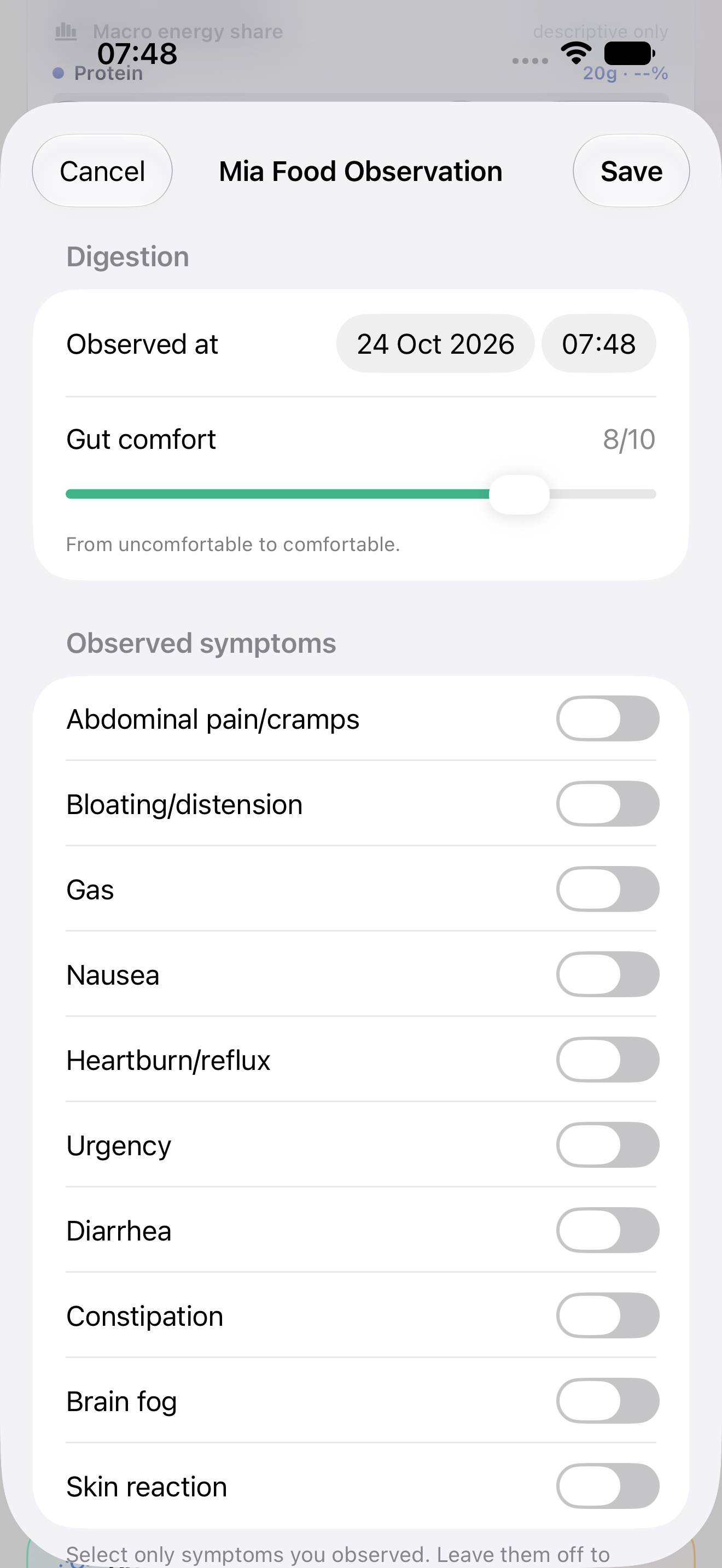 Eat Kids Food Observation sheet recording the selected child's gut comfort and observed symptoms
