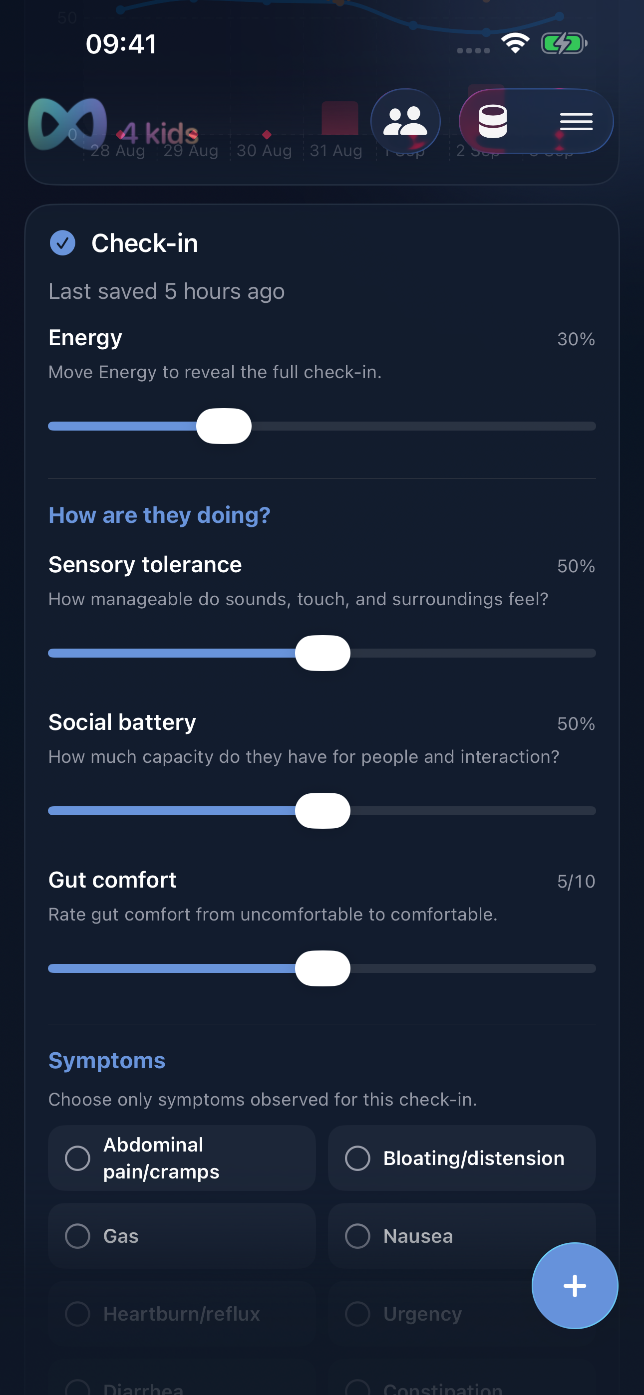 Expanded inline Kids dashboard check-in after adjusting the Energy slider, with caregiver rating fields