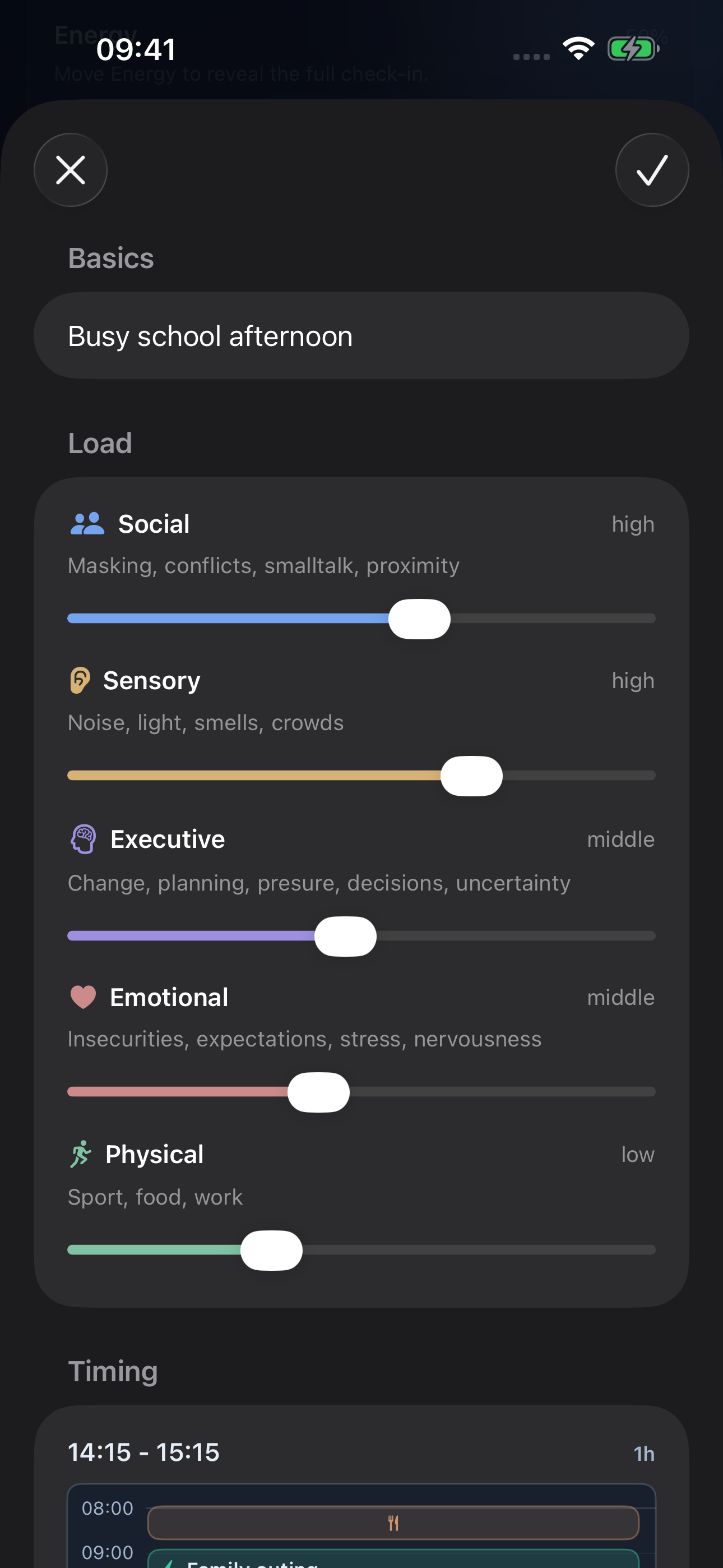 Kids Add Action sheet with a fictional school-day example and five manual load dimensions