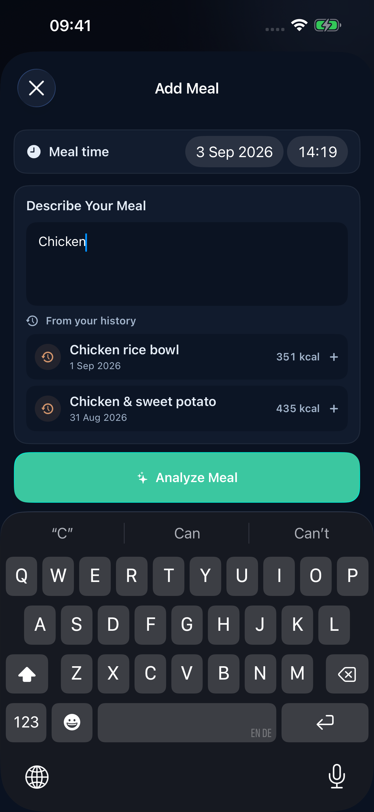 Kids Add Meal sheet with Chicken entered and two named matches from the selected child’s meal history, with the keyboard visible