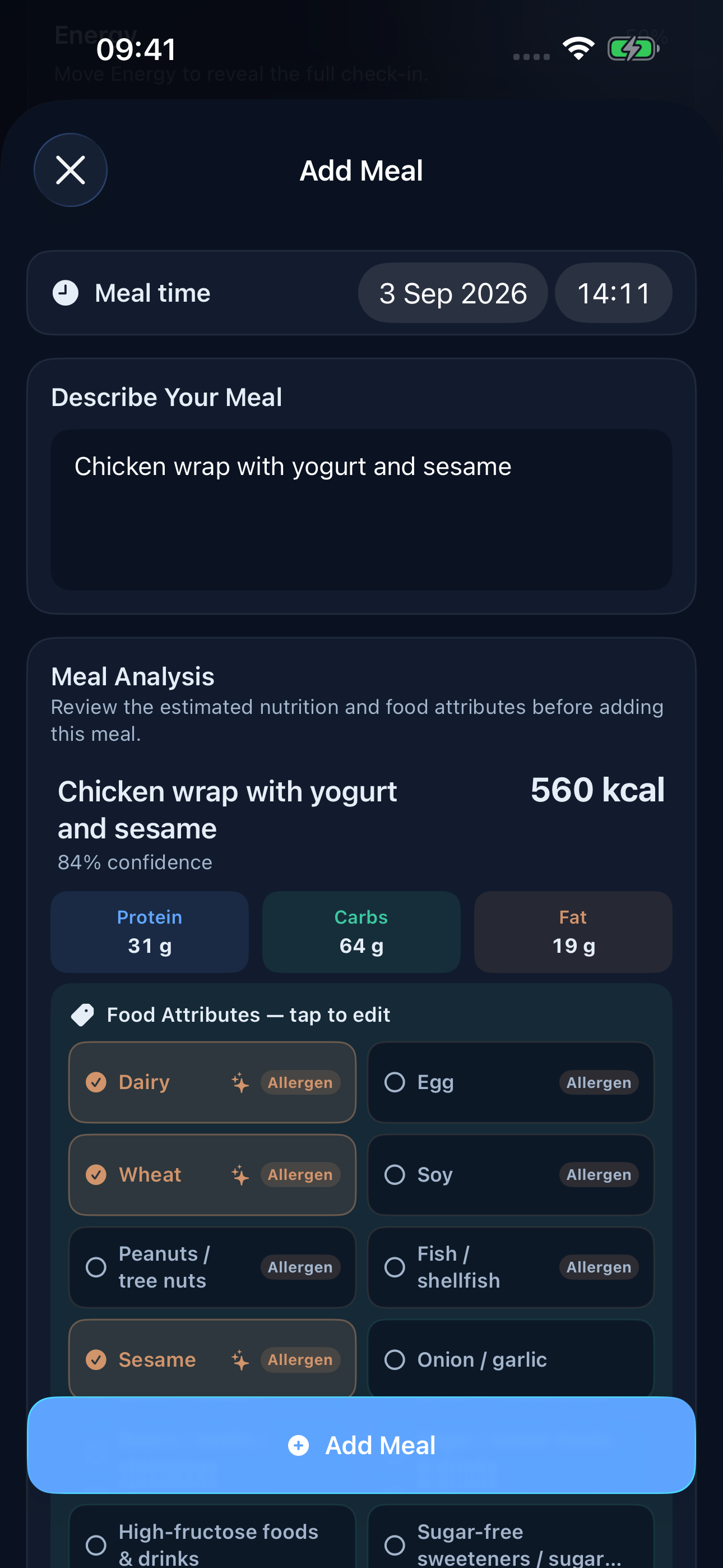 Kids Add Meal sheet showing a fictional meal description, a nutrition estimate and editable food attributes