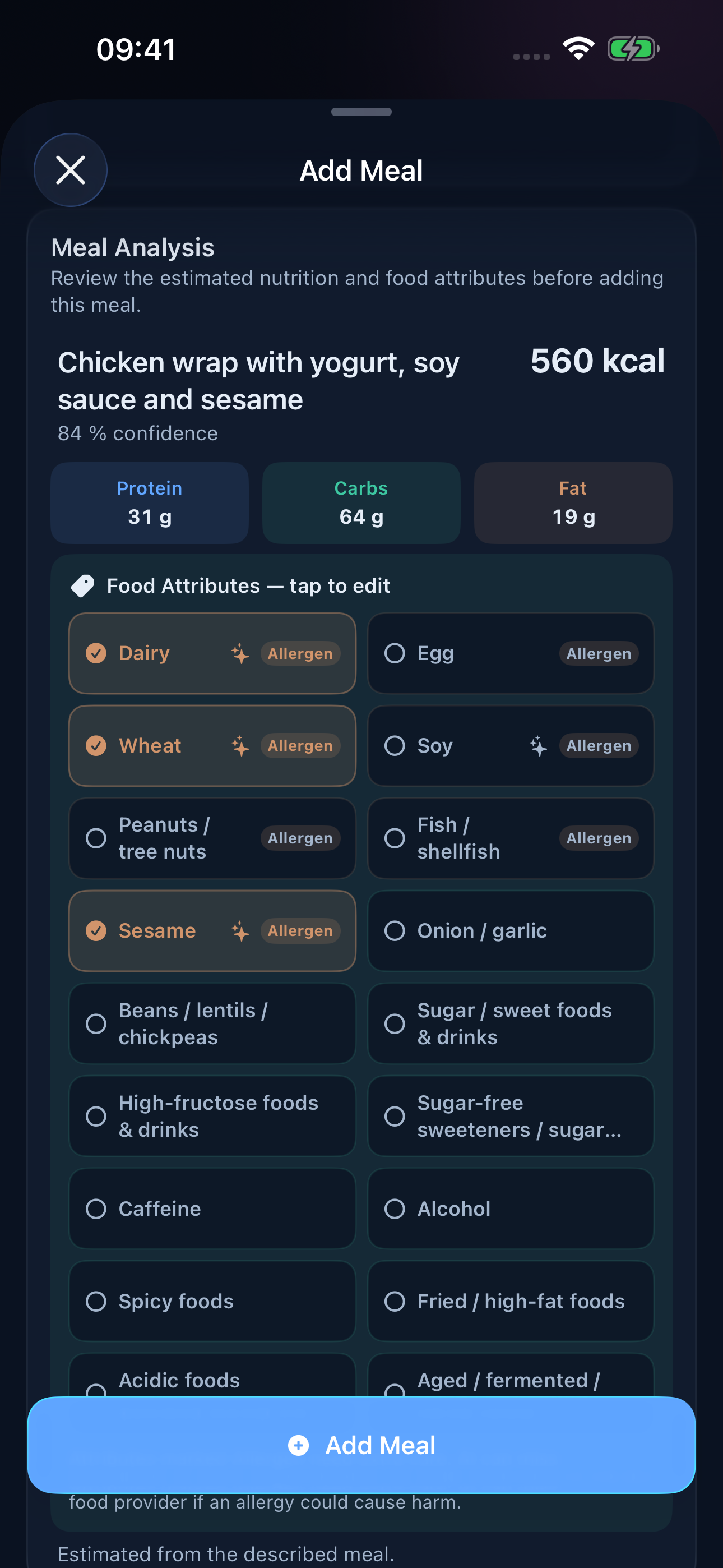 Unchaos Life Add Meal sheet with an example nutrition estimate and editable suggested food attributes